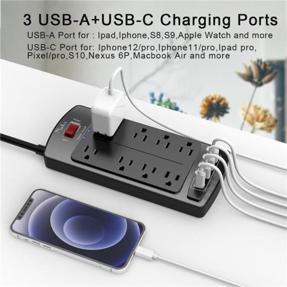 Surge Protector Power Strip - Flat Plug Extension Cord w/ 8 Outlet, 6 Ft, Black - Picture 4 of 7